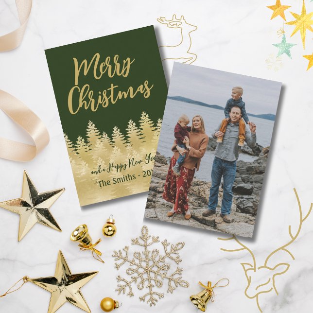 Tarjeta Pequeña Feliz Navidad Dark Green Gold Pine Treps Photo (Subido por el creador)