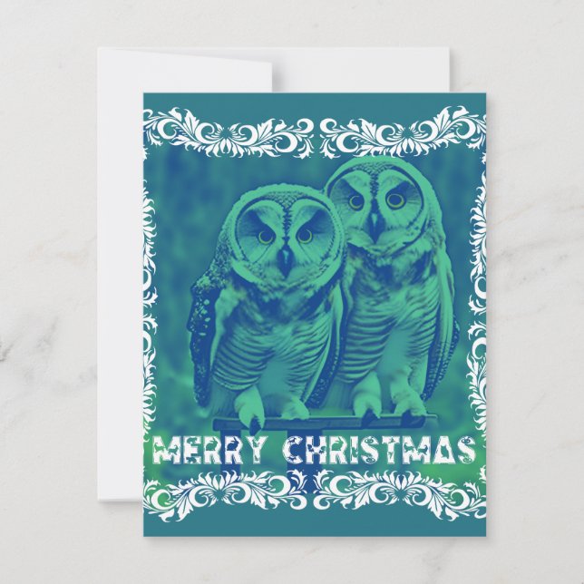 Tarjeta Pequeña Feliz Navidad desde el verde de los búhos (Anverso)
