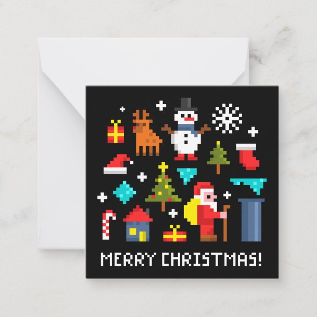 Tarjeta Pequeña Feliz Navidad dibujos animados pixel (Anverso)