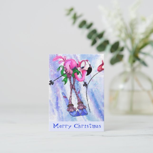 Tarjeta Pequeña Feliz Navidad - Funny esquiador de flamenco rosado (Anverso de pie)