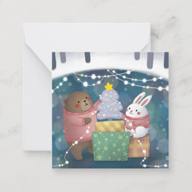 Tarjeta Pequeña Feliz Navidad: oso y conejo (Anverso)