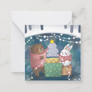 Tarjeta Pequeña Feliz Navidad: oso y conejo