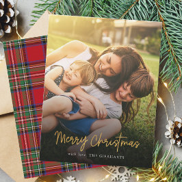 Tarjeta Pequeña Feliz Navidad Red Stewart Tartan Family Photo