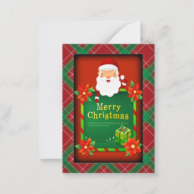 Tarjeta Pequeña Feliz Navidad Santa Tartán Cuadros (Anverso)