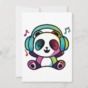Tarjeta Pequeña Feliz Panda con auriculares escuchando música.