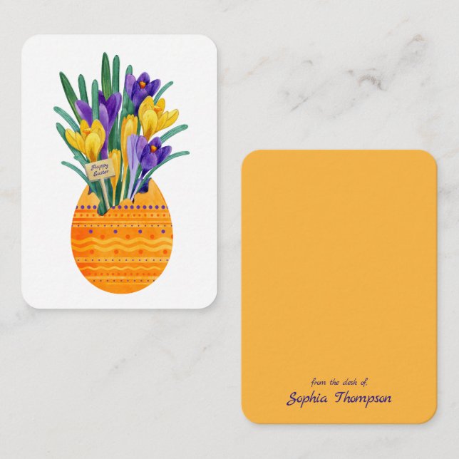 Tarjeta Pequeña Feliz Pascua Huevo y Flores de Crocus Amarillo Púr (Anverso / Reverso)