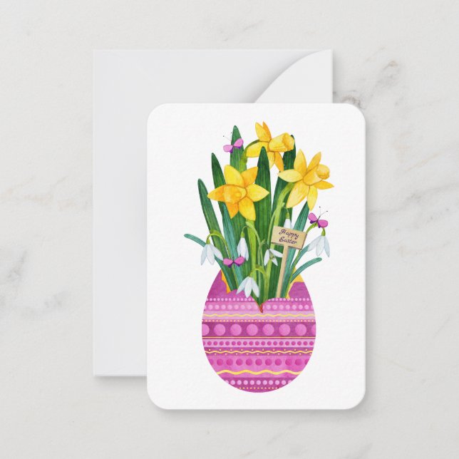 Tarjeta Pequeña Feliz Pascua Huevo y Flores de Narciso Amarillo (Anverso)