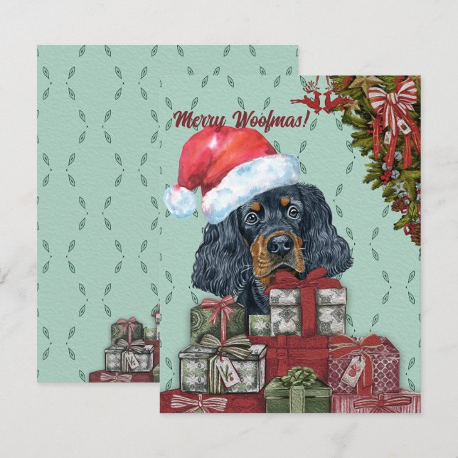 Tarjeta Pequeña ¡Feliz Woofmas! Gordon Setter Santa Hat Navidades (Anverso / Reverso)