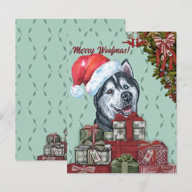 Tarjeta Pequeña ¡Feliz Woofmas! Navidades de Husky Santa Hat de Si (Anverso / Reverso)