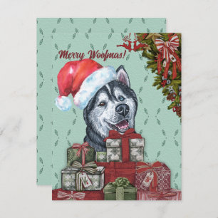 Tarjeta Pequeña ¡Feliz Woofmas! Navidades de Husky Santa Hat de Si