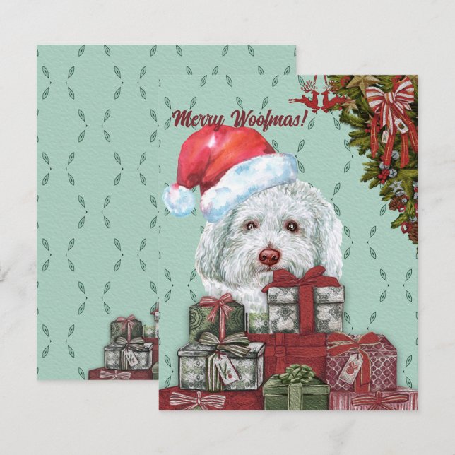 Tarjeta Pequeña ¡Feliz Woofmas! Navidades de White Poodle Santa Ha (Anverso / Reverso)