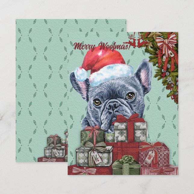 Tarjeta Pequeña ¡Feliz Woofmas! Navidades del Bulldog francés Sant (Anverso / Reverso)