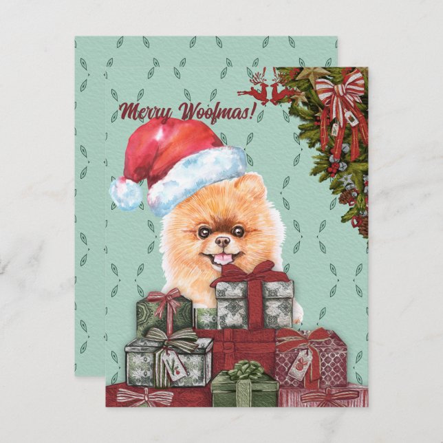 Tarjeta Pequeña ¡Feliz Woofmas! Navidades Pomerania Dog Santa Hat (Anverso / Reverso)