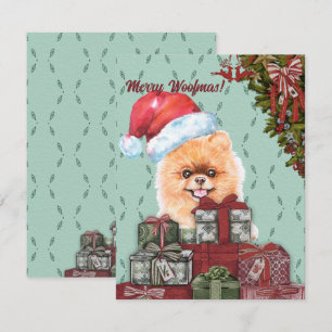 Tarjeta Pequeña ¡Feliz Woofmas! Navidades Pomerania Dog Santa Hat