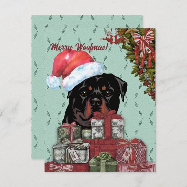 Tarjeta Pequeña ¡Feliz Woofmas! Regalo de los Navidades de Rottwei (Anverso / Reverso)
