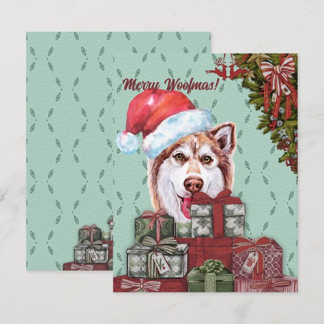 Tarjeta Pequeña ¡Feliz Woofmas! Regalo de Navidades Red Husky Sant (Anverso / Reverso)