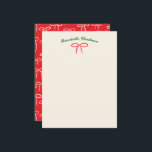 Tarjeta Pequeña Festividad Red Simple Bow n Nombre Stationery Pers<br><div class="desc">Un patrón de arcos simples y dulces dibujados a mano en rojo cereza festivo le da a este departamento personal notecard un aire despreocupado y alegre, perfecto para la correspondencia de vacaciones de invierno y post-Navidades de agradecimiento notas o como regalo de la anfitriona. Personalice el texto del nombre verde...</div>