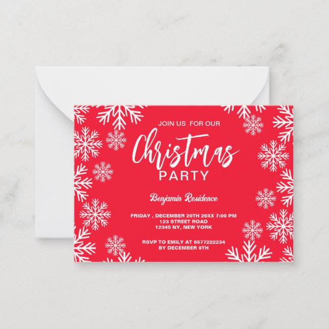Tarjeta Pequeña Fiesta de Navidades de Nieve Roja Moderna (Anverso)