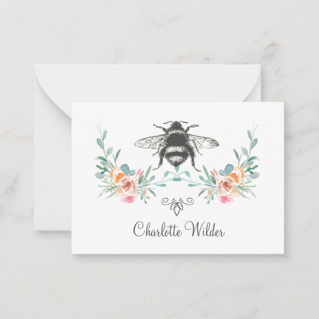 Tarjeta Pequeña Firma de guión Floral de abeja personalizada (Anverso)