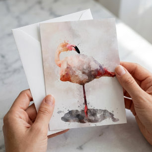 Tarjeta Pequeña Flamenco Rosa de Pie en Impresión de Arte en Acuar