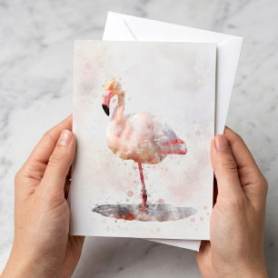 Tarjeta Pequeña Flamenco Rosa Elegante de pie en Acuarela