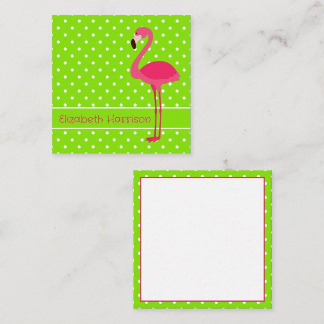 Tarjeta Pequeña Flamingo de polka rosa y verde personalizado (Anverso / Reverso)