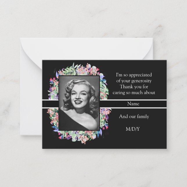 Tarjeta Pequeña Flor acuarela en negro después del funeral Gracias (Anverso)