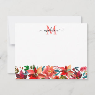Tarjeta Pequeña Flor Monograma de Navidad de Poinsettia Roja Festi