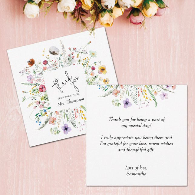 Tarjeta Pequeña Flor silvestre ducha de novia plana gracias (Wildflower Bridal Shower Flat Thank You Note Card 5.25" x 5.25")