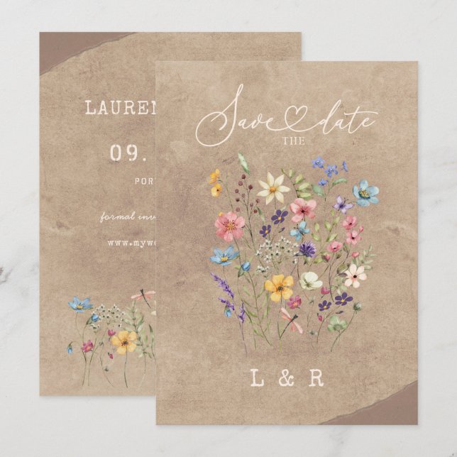 Tarjeta Pequeña Flor silvestre rústica salva la fecha sin Boda fot (Anverso / Reverso)