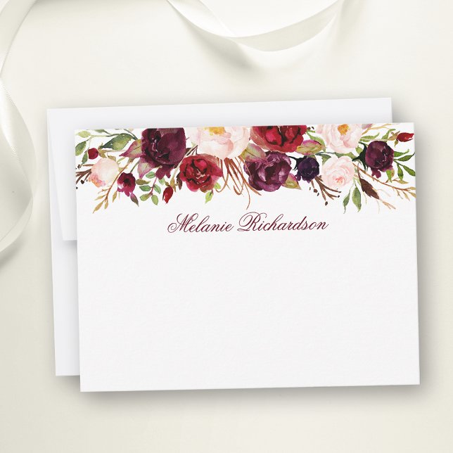 Tarjeta Pequeña Floral acuarela Borgoña personalizada (Customize to change text size, color, style or to add more text to front or back of card.)