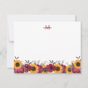 Tarjeta Pequeña Floral acuarela girasol Borgoña Monograma