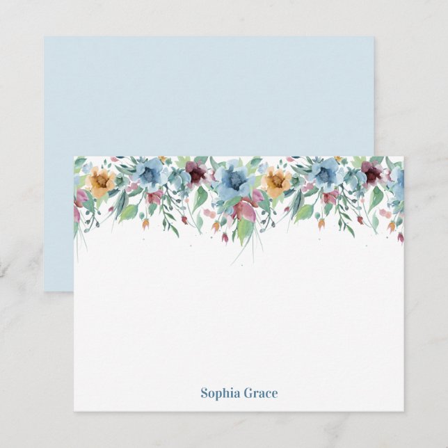 Tarjeta Pequeña Floral azul acuática personalizada (Anverso / Reverso)