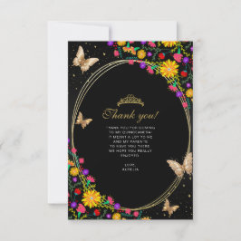 Tarjeta Pequeña Floral Black Gold Butterfly Quinceañera Photo