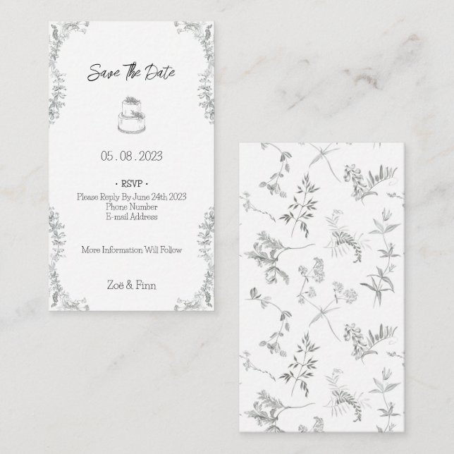 Tarjeta Pequeña Floral Black & White Botanical Line Save The Date (Anverso / Reverso)