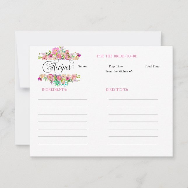 Tarjeta Pequeña Floral Boho Rosa Bridal Shower Receta (Anverso)