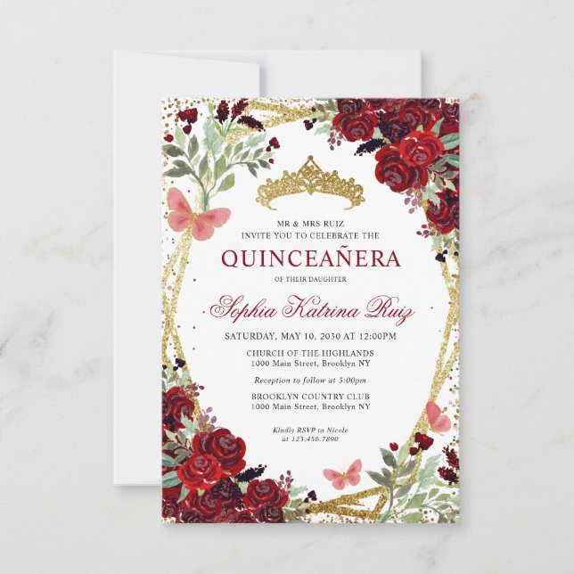 Tarjeta Pequeña Floral Borgoña Rojo Oro Tiara Quinceañera (Anverso)