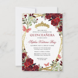 Tarjeta Pequeña Floral Borgoña Rojo Oro Tiara Quinceañera