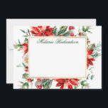 Tarjeta Pequeña Floral de Nochebuena Rojo Acuarela con Verde y Dor<br><div class="desc">Tarjeta de Nota Personalizada con Marco Dorado y Floral de Nochebuena Acuarela Elegante incluye nochebuenas rojas,  hojas de eucalipto,  conos de pino,  agujas de pino,  algodón,  bayas de acebo y otra vegetación botánica invernal hermosa.  Letra verde.</div>