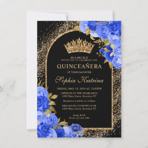 Tarjeta Pequeña Floral de oro azul real negro Quinceanera