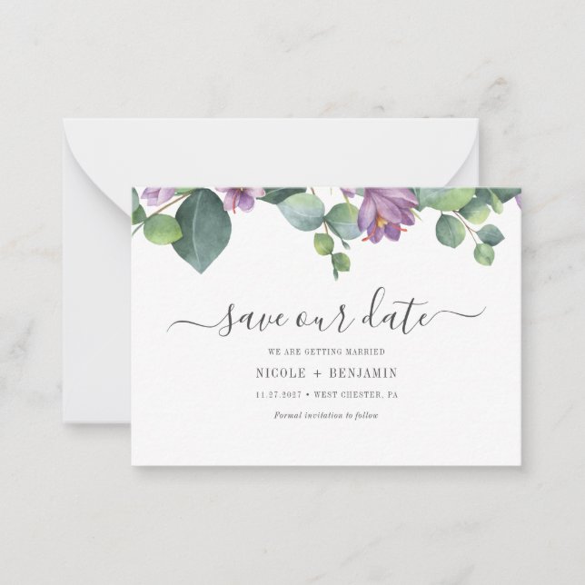 Tarjeta Pequeña Floral Eucalipto Script Verdor Guardar La Fecha (Anverso)