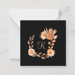 Tarjeta Pequeña Floral negro, marrón y melocotón con monograma 