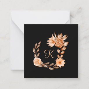 Tarjeta Pequeña Floral negro, marrón y melocotón con monograma