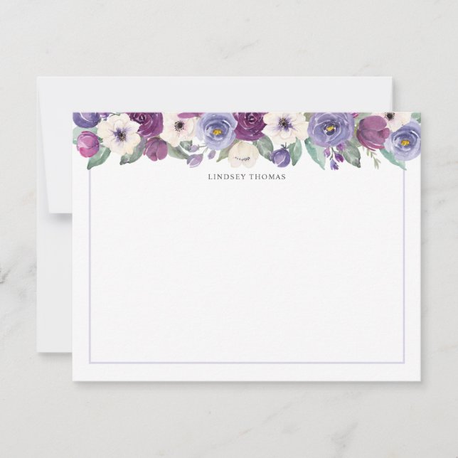 Tarjeta Pequeña Floral Personalizada Acuarela Blanca Morada (Anverso)