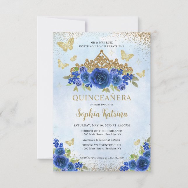 Tarjeta Pequeña Floral Royal Blue Gold Tiara Quinceañera (Anverso)
