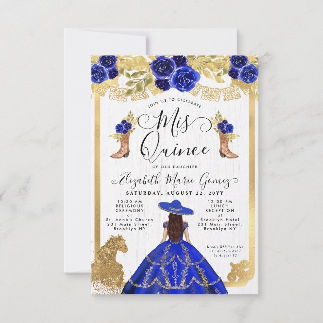 Tarjeta Pequeña Floral Royal Blue Latina Charra Quinceanera (Anverso)