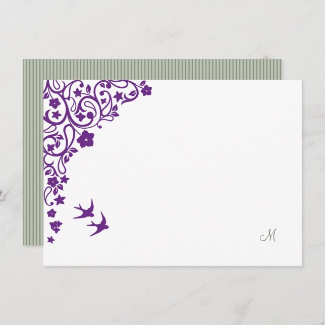 Tarjeta Pequeña Floral Secreto Jardín Sage Stripe Script Monograma (Anverso / Reverso)
