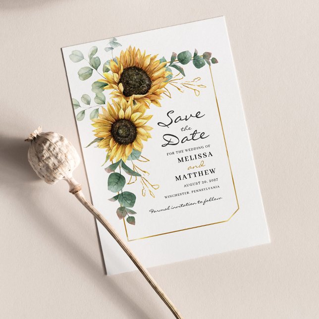 Tarjeta Pequeña Floral Sunflower Eucalyptus Greenerenery Guardar L (Sunflower Floral Greenery Wedding Save the Date Announcement)