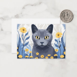 Tarjeta Pequeña Flores amarillas de gato azul ruso