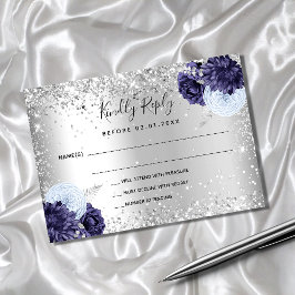 Tarjeta Pequeña Flores azul marino plateado boda purpurina RSVP